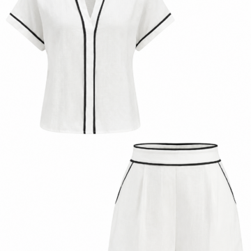 White Two-Piece Set with Black Piping Short-Sleeve Top and High-Waisted Shorts