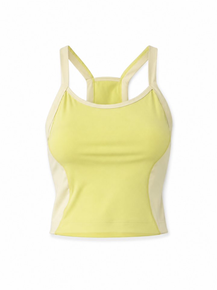 Pale Yellow and Cream Color-Block Athletic Tank Top with Scoop Neck and Racerback