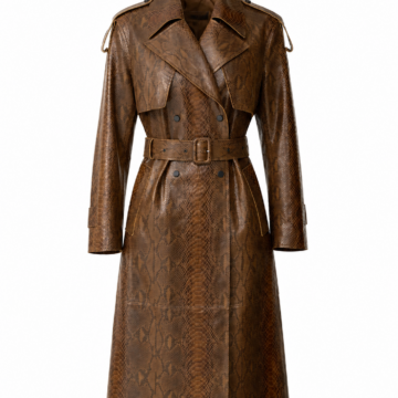 Brown Snakeskin Print Trench Coat with Belt and Epaulettes