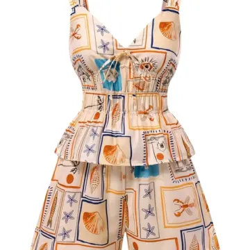 Cream Maritime Print Top and Shorts Set with Tie Front