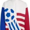 White Color-Block Track Jacket with Blue and Red Sleeves and Graphic Front