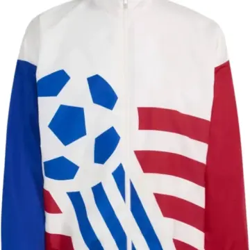 White Color-Block Track Jacket with Blue and Red Sleeves and Graphic Front
