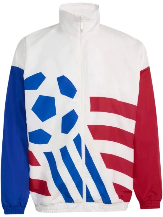 White Color-Block Track Jacket with Blue and Red Sleeves and Graphic Front