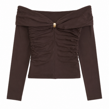 Dark Brown Off-the-Shoulder Ruched Long-Sleeve Crop Top