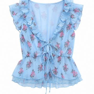 Light Blue Floral Ruffle V-Neck Peplum Top