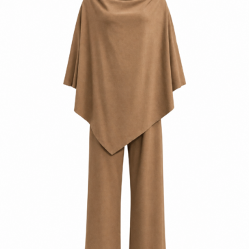 Camel Brown Draped Two-Piece Set with Cowl-Neck Top and Wide-Leg Pants