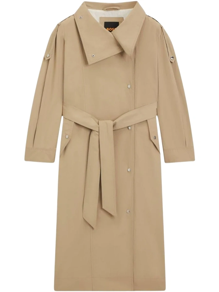 Beige Longline Trench Coat with Pointed Collar