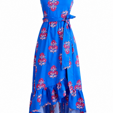 Blue Floral Sleeveless Maxi Dress with Square Neck and Ruffle Hem