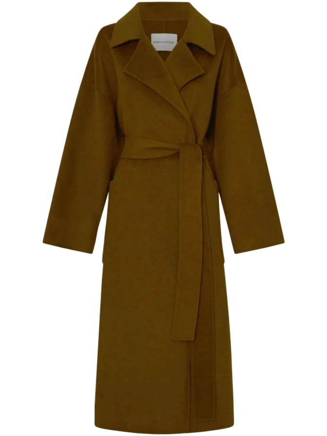 Olive Brown Longline Trench Coat with Notched Lapels