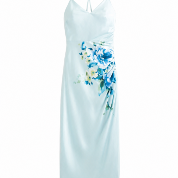 Light Blue Watercolor Floral Midi Slip Dress with Spaghetti Straps