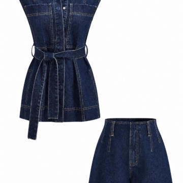 Dark Indigo Denim Two-Piece Set with Sleeveless Tie-Waist Top and High-Waisted Shorts