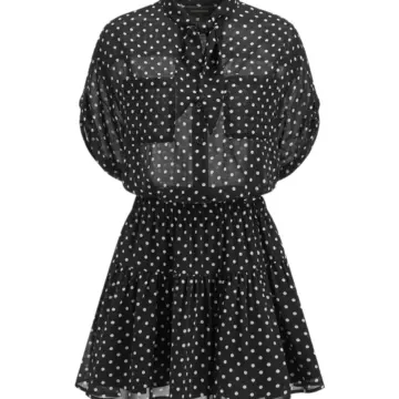 Black Polka Dot Sheer Mini Dress with Tie Neck