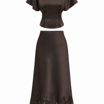 Dark Brown Flutter Sleeve Top and Lace-Trim Midi Skirt Set