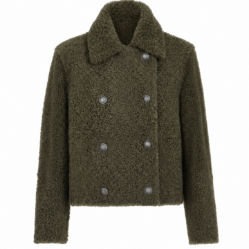 Olive Green Double-Breasted Boucle Jacket with Silver Buttons