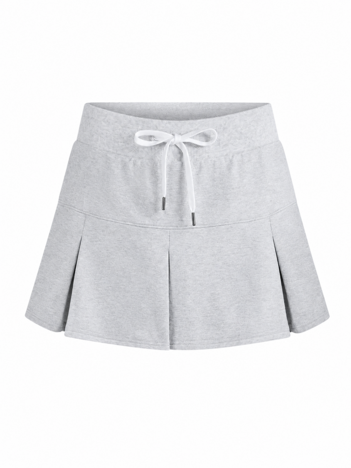 Light Heather Grey Pleated Mini Skirt with Drawstring