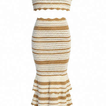 Cream and Tan Striped Off-the-Shoulder Cropped Top and Maxi Skirt Set