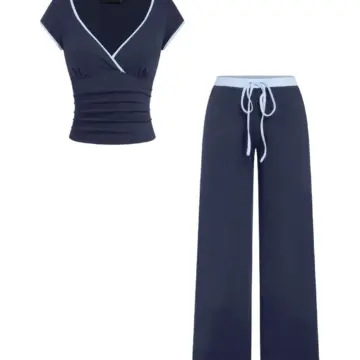 Navy Blue Ruched Two-Piece Set with Wide-Leg Pants