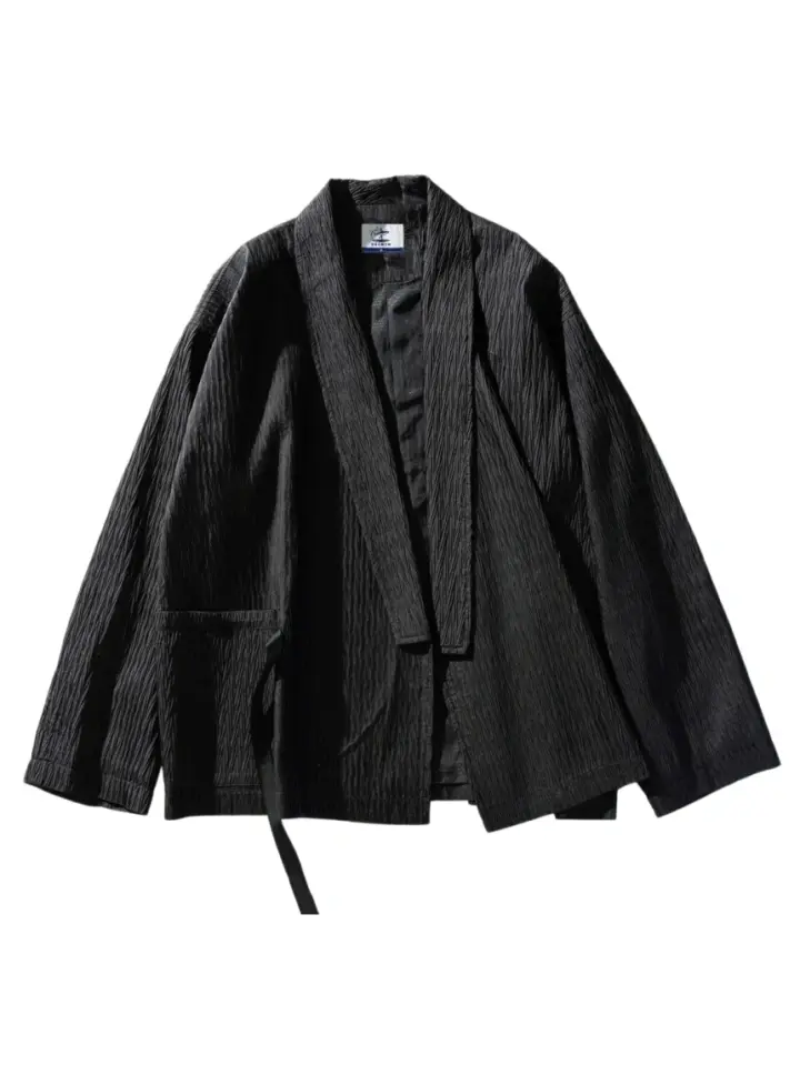 Black Crinkled Pleated Open-Front Haori Jacket