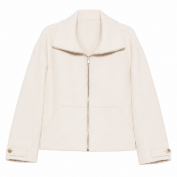Ivory Cropped Zip-Up Jacket with Spread Collar