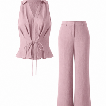 Dusty Rose Sleeveless Collared Top and High-Waisted Wide-Leg Pants Set