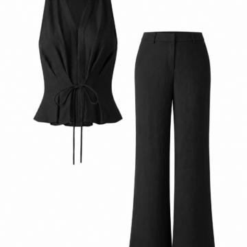 Black Sleeveless Collared Top and Wide-Leg Trousers Set with Drawstring