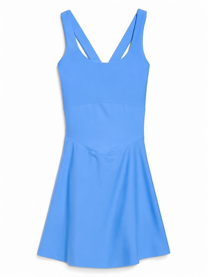 Light Blue Sleeveless Fit-and-Flare Dress with V-Neck and Pleated Skirt