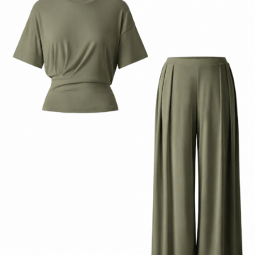 Sage Green Two-Piece Set with Cinched Waist Tee and Wide-Leg Pants
