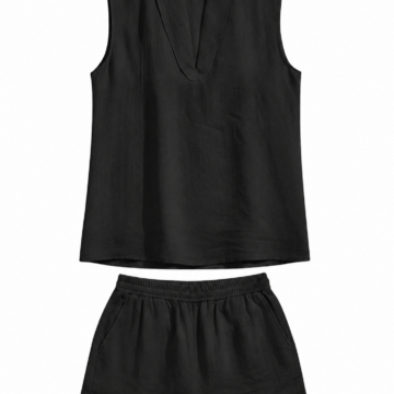 Black Sleeveless V-Neck Top and Elastic Waist Shorts Set