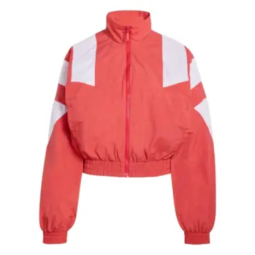 Coral and White Color-Block Cropped Zip-Up Track Jacket with Dolman Sleeves