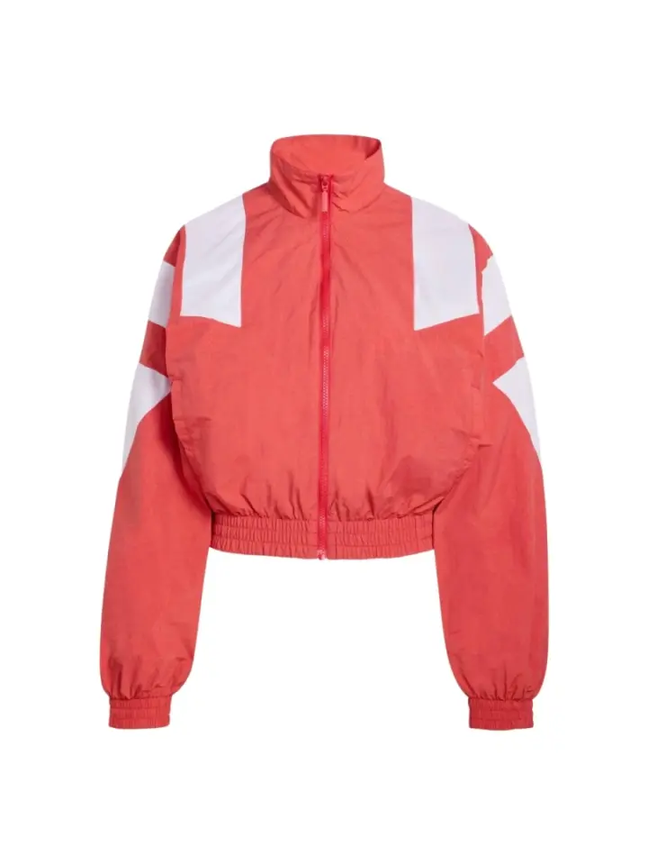 Coral and White Color-Block Cropped Zip-Up Track Jacket with Dolman Sleeves