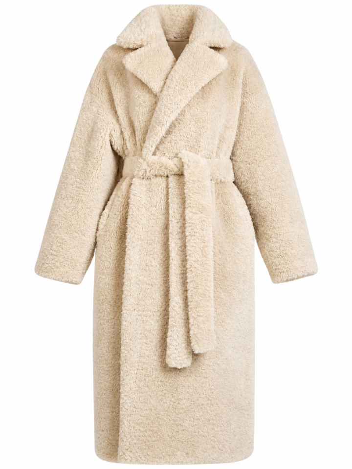 Cream Faux Fur Belted Wrap Coat