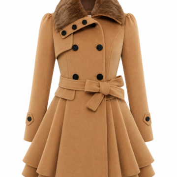 Camel Double-Breasted Faux Fur Collar Coat