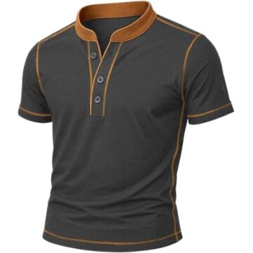Charcoal Henley Polo Shirt with Tan Collar
